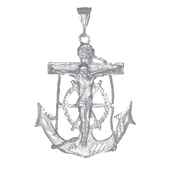 Huge Heavy Sterling Silver Anchor Cross with Jesus Pendant Necklace 3.33 Inches 29 Grams Diamond Cut Finish with Figaro Chain