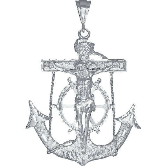 Huge Heavy Sterling Silver Anchor Cross with Jesus Pendant Necklace 3.4 Inches 29 Grams Diamond Cut Finish with Figaro Chain