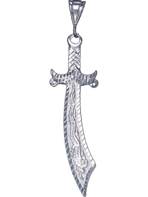 Huge Heavy Sterling Silver Dragon Sword Charm Pendant Necklace 18 Grams 4.2 Inches with Diamond Cut Finish and 24 Inch Figaro Chain