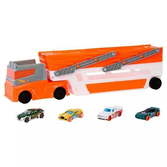 Huge Hot Wheels City Mega Hauler With 4 Cars-New