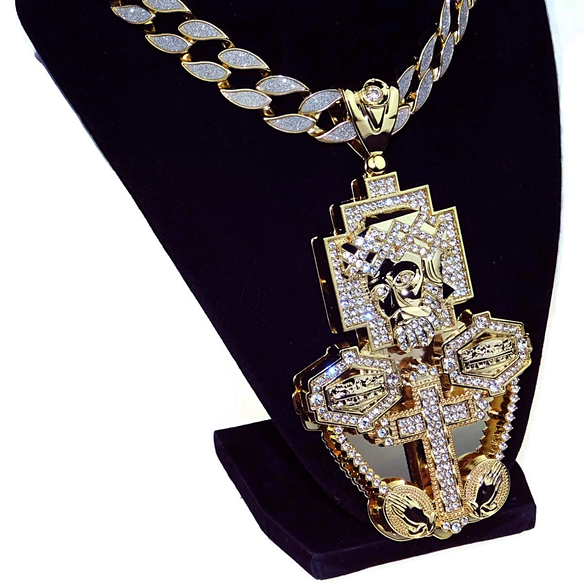 Huge Jesus Piece Chain Last Supper Cross 3D Combo Pendant Sand Blast Gold Finish 30" Inch Cuban Link Hip Hop Necklace - image 1 of 7