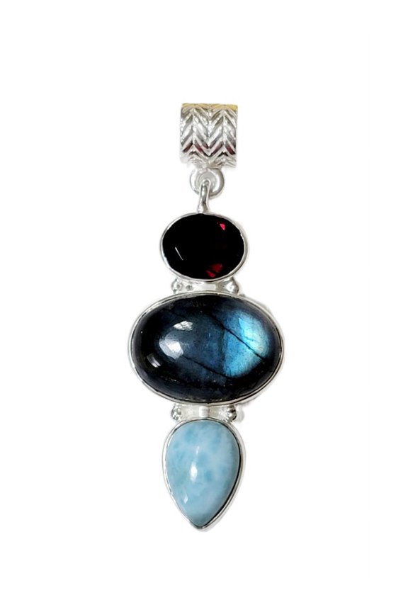 Huge Labradorite Pendant, Multi Stone Jewelry, Solid 925 Sterling Silver, Fine Cute Garnet, Blue Flash Labradorite, Larimar Pendant, Gift