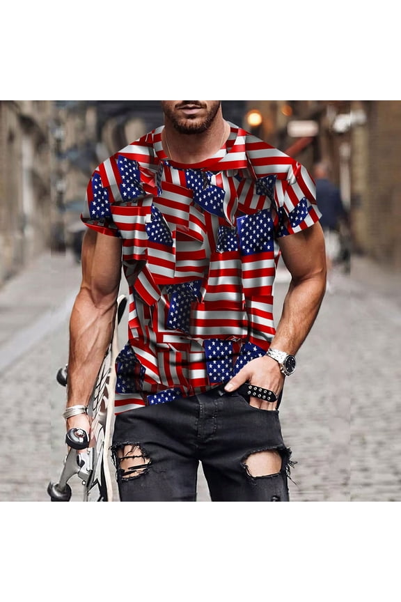 T Shirts for Man 4th of July Workout Shirts Independence Day Oversized Tshirts Flag Print Gym Shirts Patriotic Crew Neck Casual Shirts