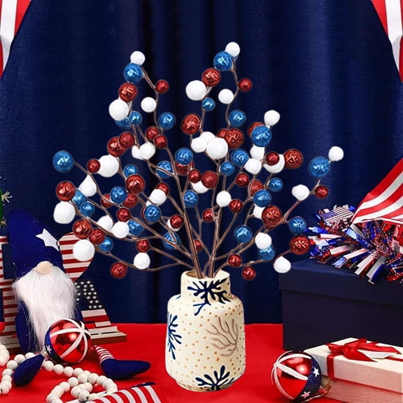 Huge Memorial Day Savings! Boovnll Patriotic Berry Stems, Artificial White Blue Red Berry Stems 4th of July Table Decorations for Home, Kitchen, Dining Table Centerpiece Decor, 4th of July Decorations