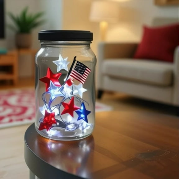 Fwttom 4Th of July Decorations, Flag Shaped Copper Wires Light String Independence Day Decorative Light Red B-Lue White Five Pointed Star Colored Light Flashing Light