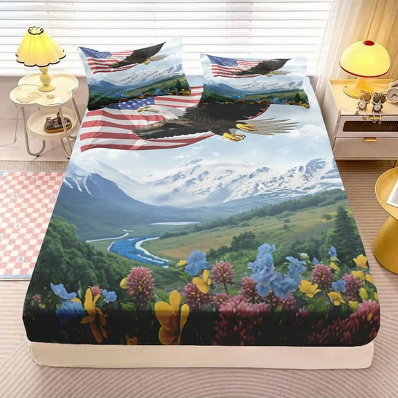 Fwttom 4Th of July Decorations, Independence Day Fitted Sheet Set Full Cover Bed Sheet Three-Piece Set