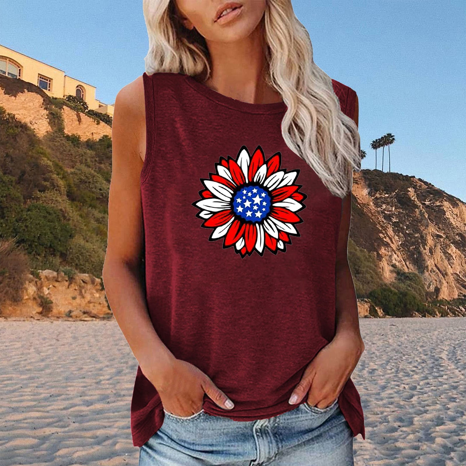 Women's Sunflower Graphic Tank Top - Loose Sleeveless Summer Top, Round Neck, Colorful Flower Print - View #9