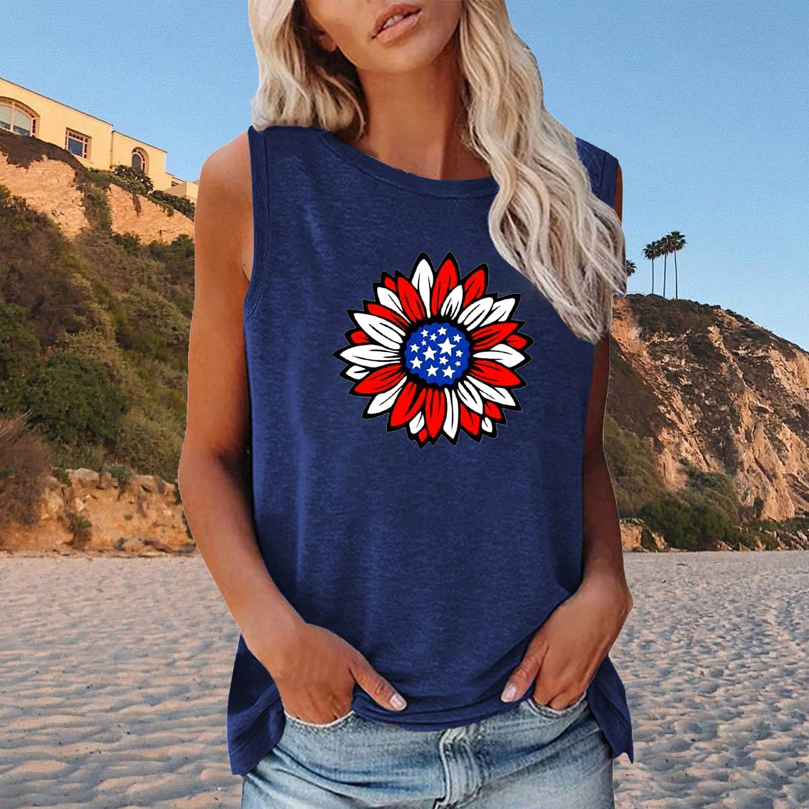 Women's Sunflower Graphic Tank Top - Loose Sleeveless Summer Top, Round Neck, Colorful Flower Print - View #5