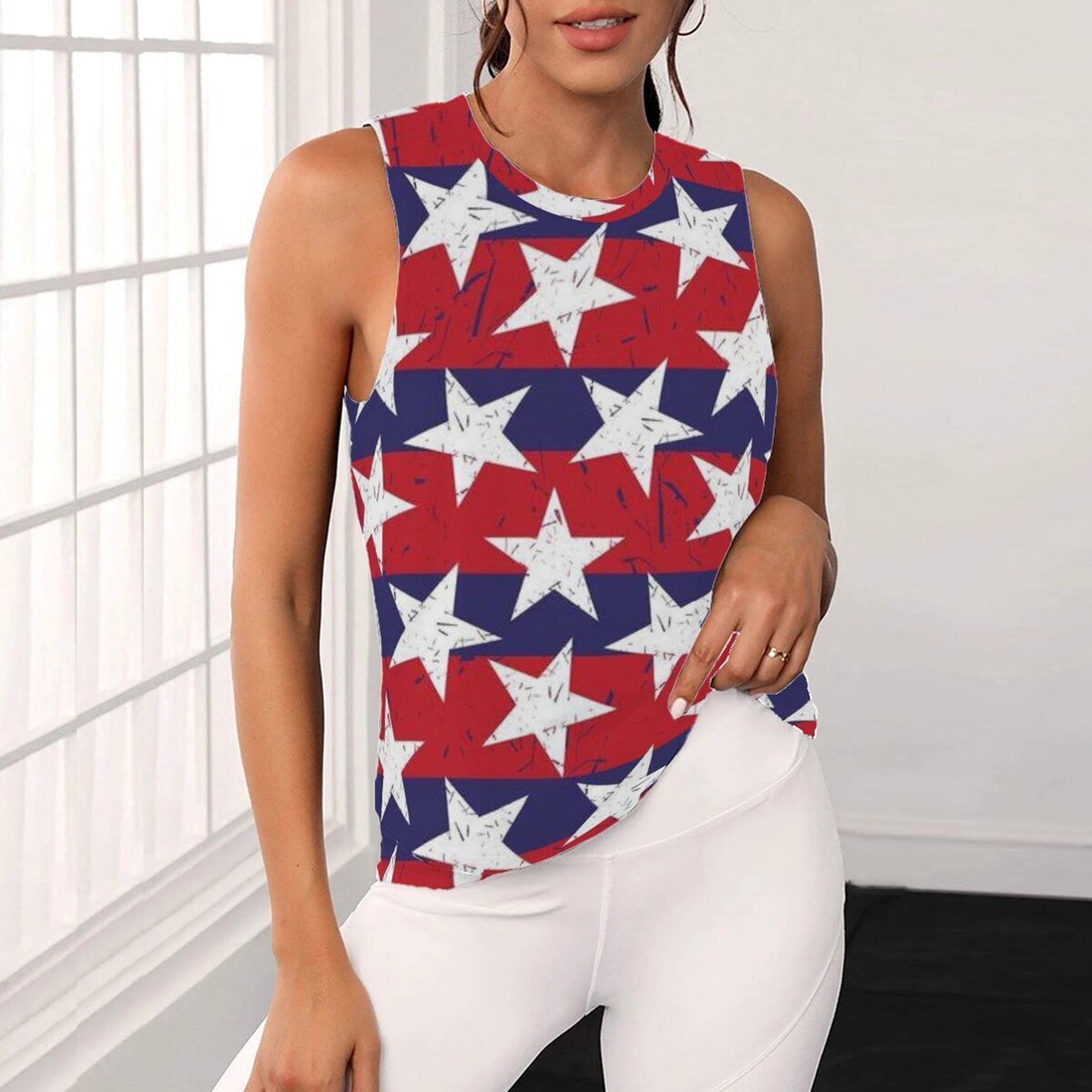 Binshre Women's 4th Of July Tank Top - American Flag Graphic Sleeveless Shirt (Dark Blue, Medium) - View #10