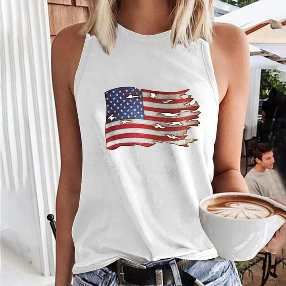 Titcea 4th of July Womens Tops USA Letter Flag Printed Round Neck Sleeveless Patriotic Sexy Tank Tops Hawaiian Beach Holiday Sports Workout Running Shirts