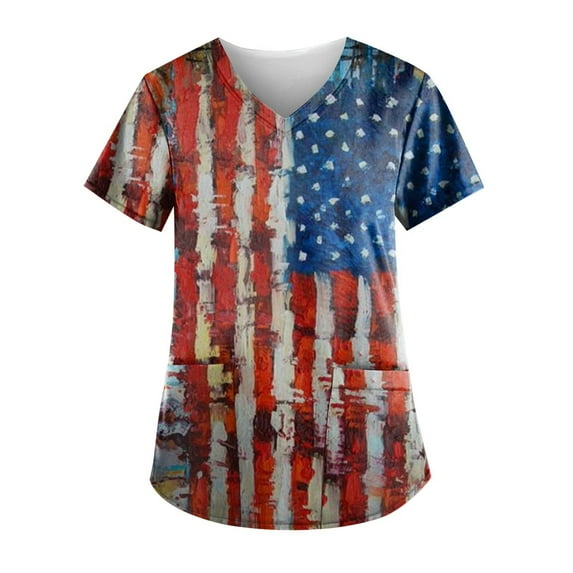 Titcea Women Nursing Scrub Tops 4th of July Patriotic Printed Working Uniform Short Sleeve V Neck Workwear Blouse T-shirt with Pockets, Gifts for Mom/Her
