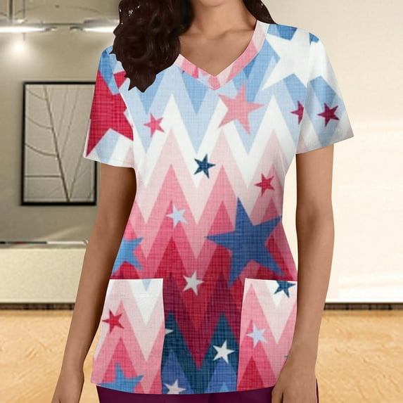 Titcea Women Nursing Scrub Tops Independence Day Patriotic Printed Working Uniform Short Sleeve V Neck Workwear Blouse T-shirt with Pockets, Gifts for Mom/Her