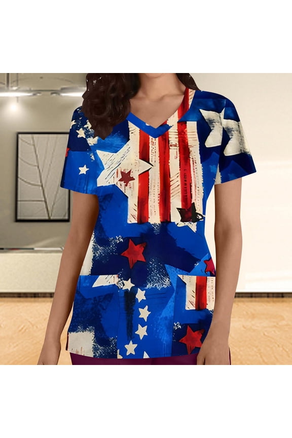 Women Nursing Scrub Tops Independence Day Patriotic Printed Working Uniform Short Sleeve V Neck Workwear Blouse T-shirt with Pockets, Gifts for Mom/Her