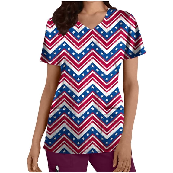 Huge Memorial Day Savings! Titcea Women Nursing Scrub Tops Independence Day Patriotic Printed Working Uniform Short Sleeve V Neck Workwear Blouse T-shirt with Pockets, Gifts for Mom/Her