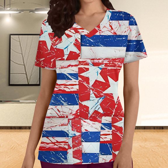 Titcea Women Nursing Scrub Tops Independence Day Patriotic Printed Working Uniform Short Sleeve V Neck Workwear Blouse T-shirt with Pockets, Gifts for Mom/Her