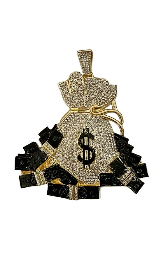 Huge Money Bag Jumbo Hip Hop Pendant Iced 14K Gold Finish Flooded Out Medallion Black Dollar Sign Charm