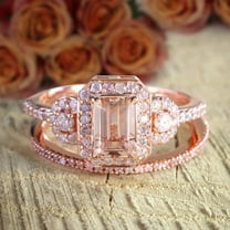 Huge Sale 2.50 Carat 7x5mm Emerald Cut Morganite and Diamond Moissanite Halo Bridal Wedding Ring Set Designer Style with 18k Gold Plating