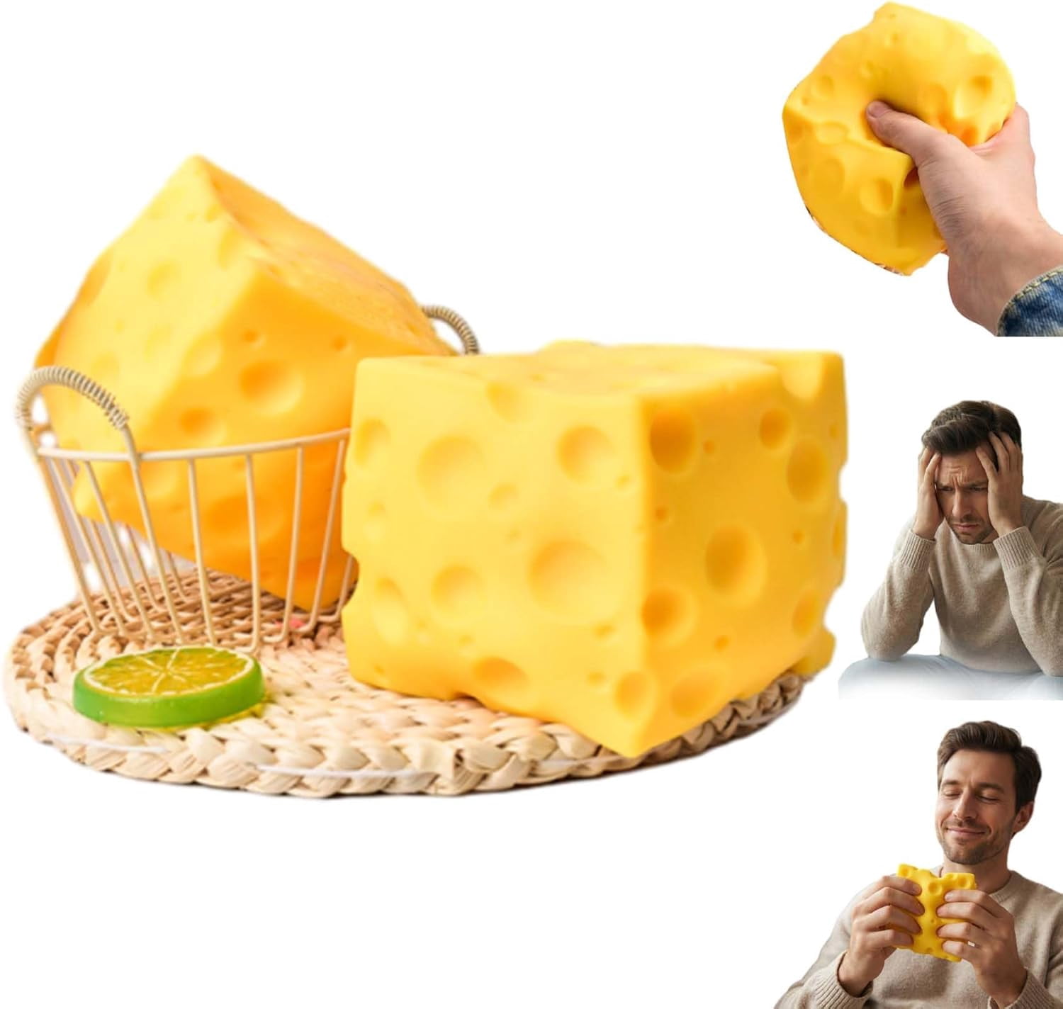 Huge Squish Cheese Cube Big, 3.93 in Extra Large Squeeze Cheese Stress Ball for Adults, Help for Relax Focus Stress Relief, Sensory Fidget Toys Favors Easter Basket Stuffers