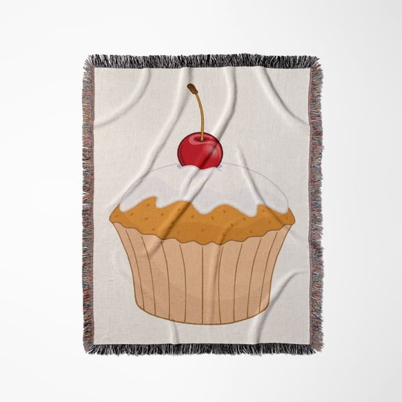 Huge Vanilla Cupcake With Cherry On Top, Woven Blanket