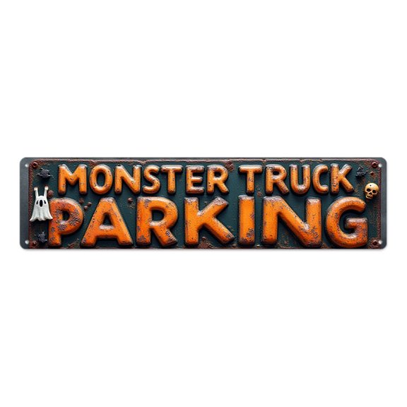 Huge Vehicle Retro 16*4 in tin signs Rusty metal art spooky garage decor"MONSTER TRUCK PARKING with ghost and skull" beach posters wall plaques bedroom accessories for men bar embossed letters