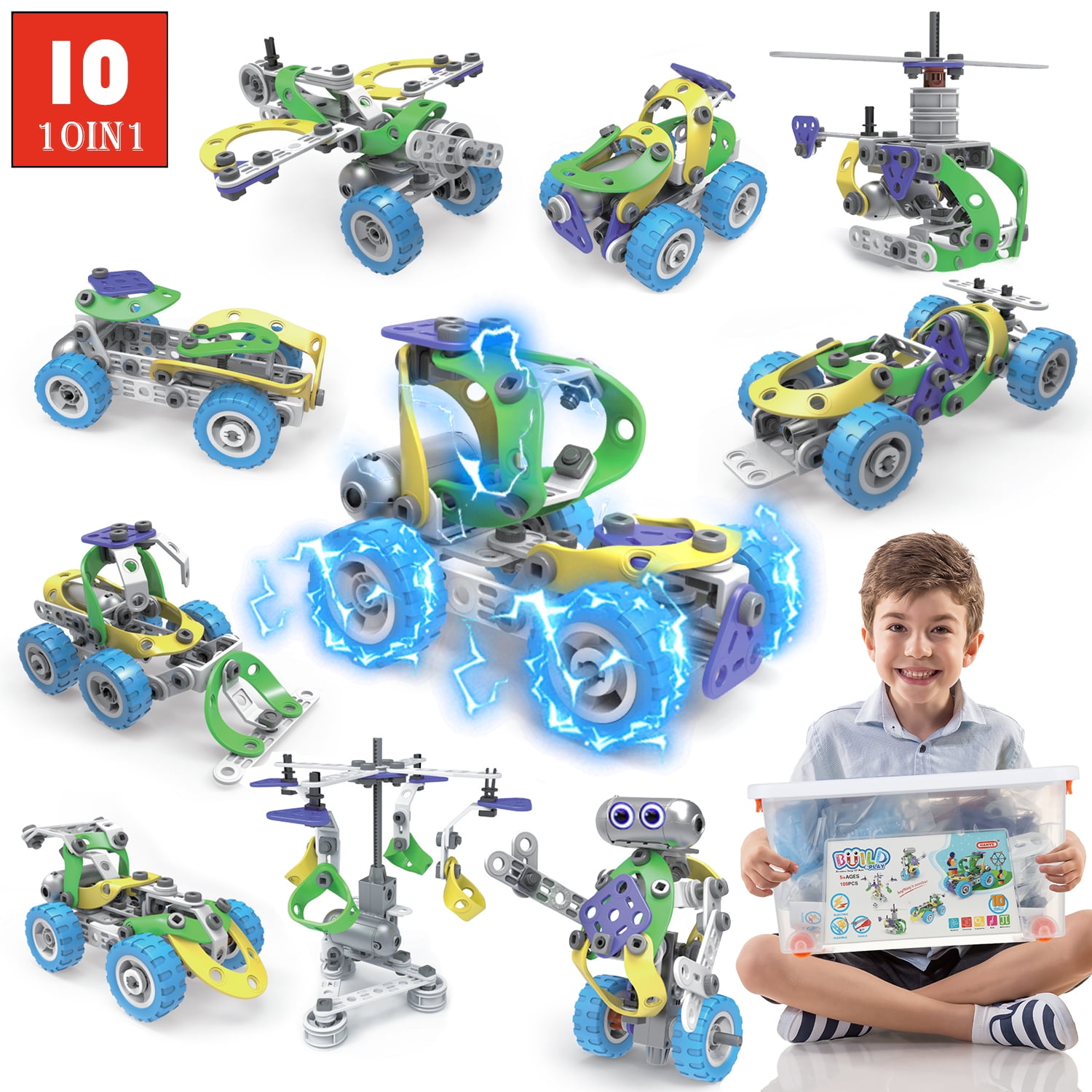 Huge Wave 10-in-1 STEM Building Toys Blocks Kit for Boys, Electric Blocks Sets, Educational Construction Kits Games, Engineering Projects Activities Christmas Gift for Kids Toddler Aged 3-10