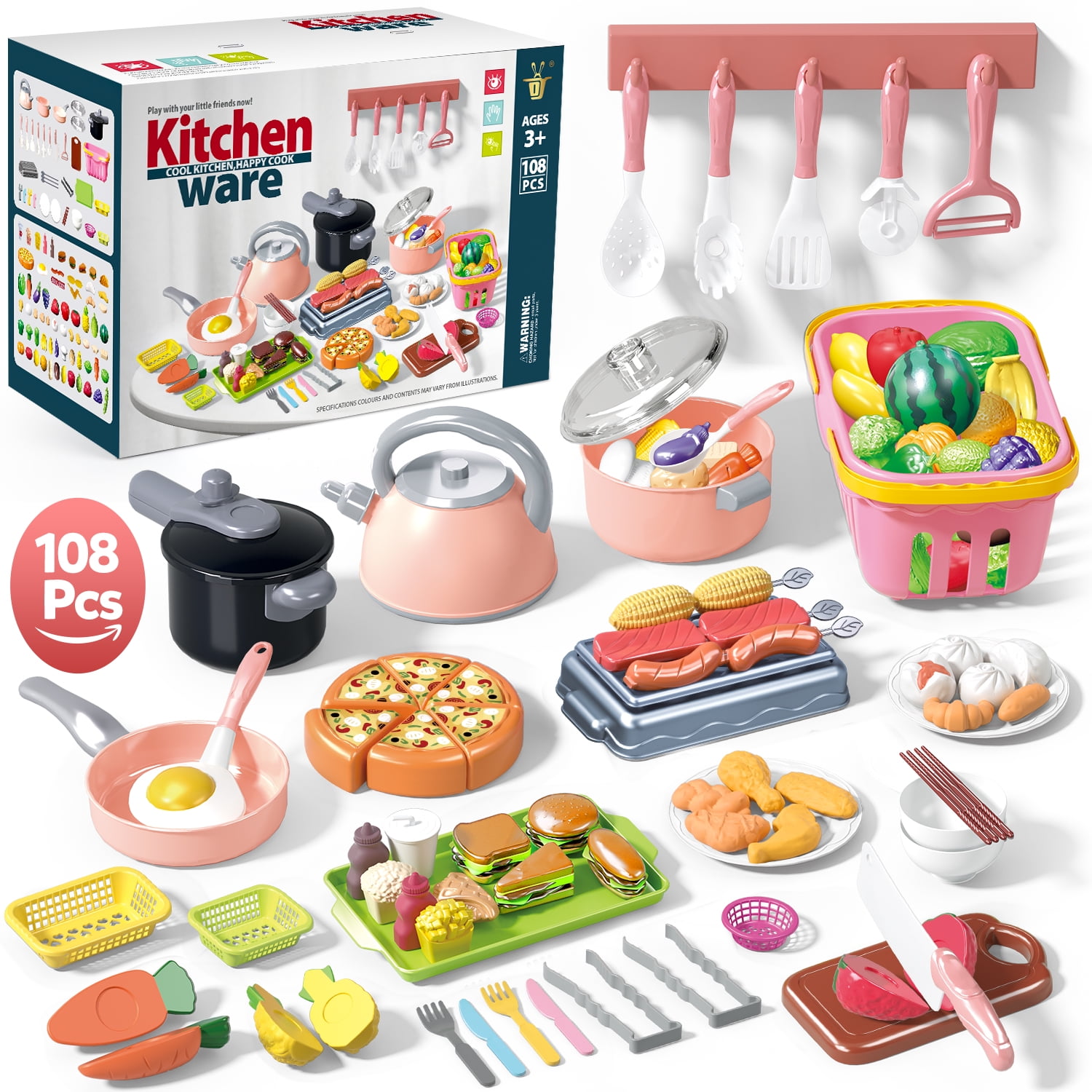 Huge Wave 108Pcs Kids Pretend Play Kitchen Accessories Set, Toddlers Kitchen Pretend Play Toys, with Pots and Pans, Cookware Toys, Food Cooking Playset for Girls and Boys Age 3-8