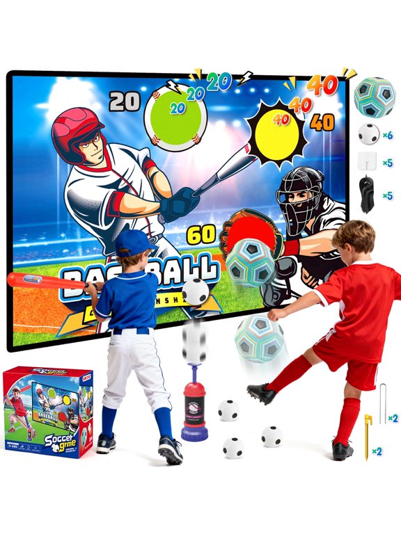 T-Ball Set Toys for Boys Aged 5-7, 2 in 1 Soft Soccer Ball Game Mat Set, Indoor/Outdoor Baseball Sport for Boys, Christmas Birthday Gift for Kids 4-8 Years Old