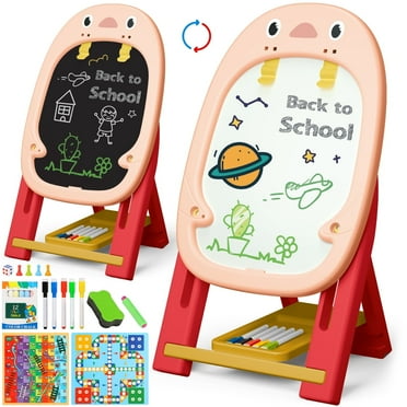 Huge Wave 2 in 1 Easel for Girls, Double Sided Chalkboard and Whiteboard, with Drawing & Learning Board Games Cards, Christmas Birthday Gift for Kids Age 2-6 (Pink)