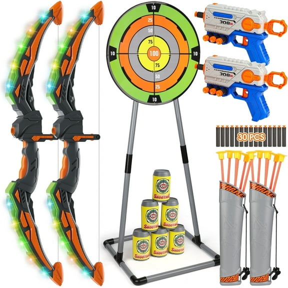 Huge Wave 2 pack Bow and Arrow Set for Boys, Ultimate Glow Archery & Shooting Set, with Standing Target & Quivers, Christmas Outdoor Toys Gift for Kids Aged 6-12