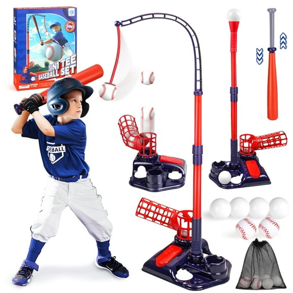 Huge Wave 3-in-1 Kids Baseball Set for Ages 3-8, T-Ball Sport Play Set Toys, Baseball Bat Adjustable Height, Indoor/Outdoor Backyard Sports Games Gifts for Boys and Girls(Blue)