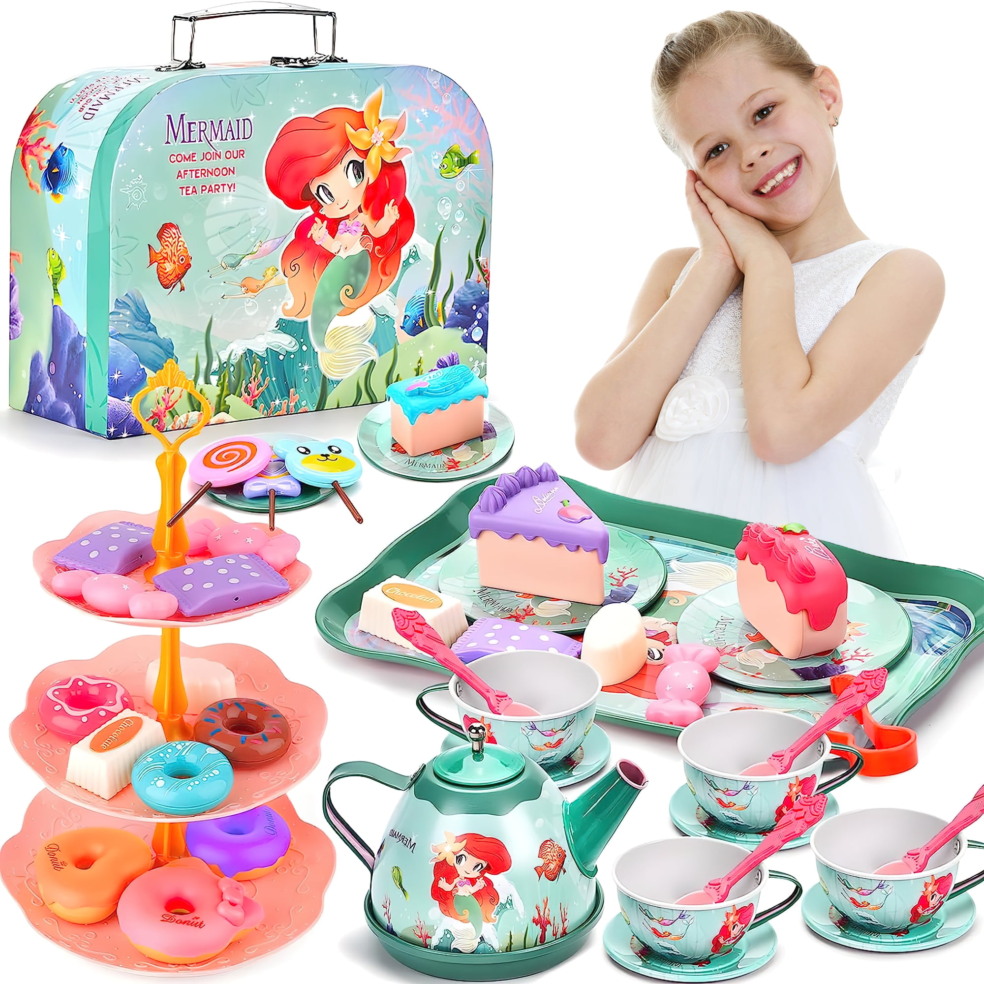 Huge Wave 48 Pcs Kids Tea Set with Treats, Pretend Play Tea Set for