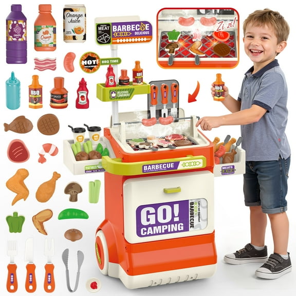 Huge Wave 51PCS Kids BBQ Grill Playset, Pretend Play Kitchen Cooking Toy with Smoke, Sound & Light, Movable Toy Grills Outdoor & Indoor Gift Toy for Boys Girls Ages 3-6