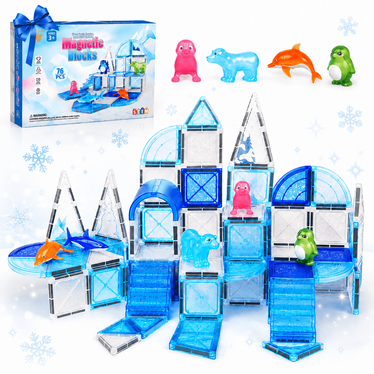 Huge Wave Magnetic Tiles for Kids Ages 4-8, 76 PCS 3D Building Set Toys, Animal Magnetic Tiles, STEM Montessori Educational Toy, Christmas Birthday Gift for Toddler