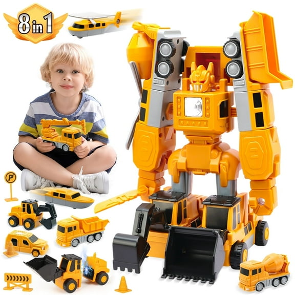 Huge Wave 8-In-1 Construction Vehicles Boys Toys Set, 12+ inch Magnetic Transform Robot Truck Set, DIY Toys with Connectors, Robot STEM Building Kids Christmas Gifts for 3-8 Year Old