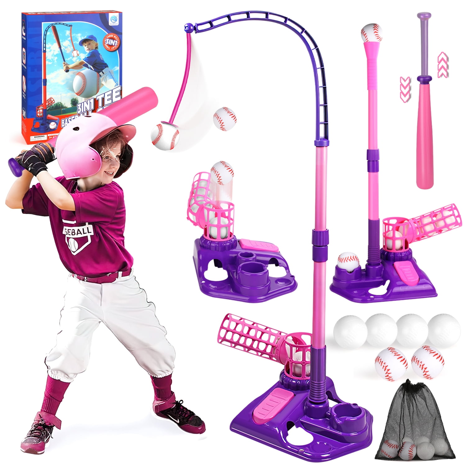 Huge Wave T-Ball Set Baseball Sport Toys for Girls 3-6, Kids Outdoor Toys Includes 6 Balls, Toddlers Outdoor Backyard Baseball Game Sports Play Set for Kids Boys & Girls Ages 3-8, Pink