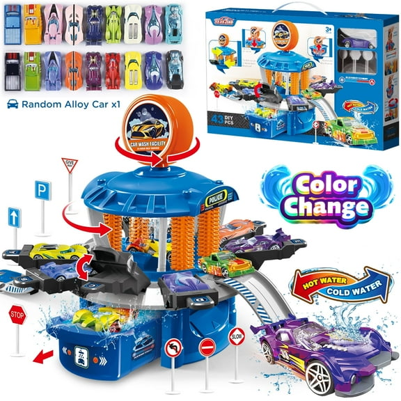 Huge Wave Car Wash Toys Set for Boys, Toddler Color Change Race Cars, Wash Transport Track Toy with Parking, Kids Birthday Gift for Aged 3-8