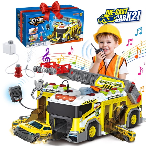 Huge Wave Construction Carrier Truck Toys for Boys Ages 3-8, Construction Race Track Toys Set, with Sound & Light, 2 Engineering Cars, Christmas Birthday Gifts for Kids, Yellow