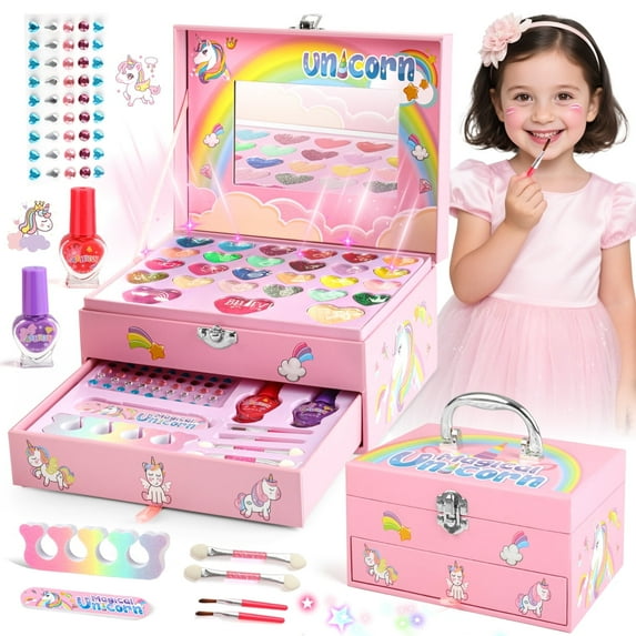 Huge Wave Makeup Kit for Girls Ages 4-9, 36 in 1 Unicorn Real Washable Pretend Play Makeup Kit, Birthday Gifts for Little Girls