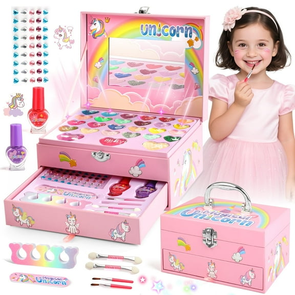 Huge Wave Makeup Kit for Girls Ages 4-9, 36 in 1 Unicorn Real Washable Pretend Play Makeup Kit, Birthday Gifts for Little Girls