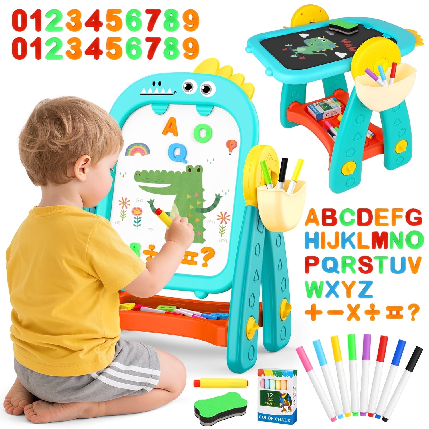 Huge Wave Dinosaur Easel for Kids, Double Sided Chalkboard and Whiteboard, Learning Board Games, Christmas Birthday Gift for Boys Girls Age 2-6 Years Old