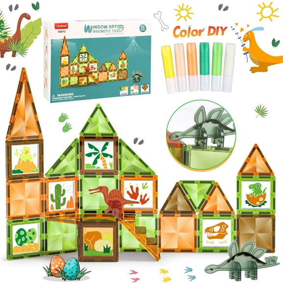 Huge Wave Dinosaur Magnetic Tiles Set, 42 Piece Magnetic Building Blocks Toys for Kids Ages 3-8, with DIY Magnet Tiles and 6 Paint Brush, STEM Educational Toddlers Toy Christmas Gift