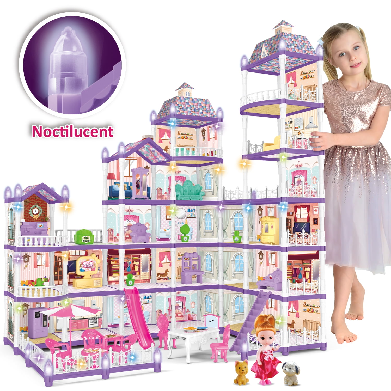 Huge Wave 35 inch 493PCS DollHouse Set Girl Toys, with Colorful Lights, 25 Rooms Princess Doll House Furniture and Accessories, Christmas Gift for Huge Wave 35 inch 493PCS DollHouse Set Girl Toys, with Colorful Lights, 25 Rooms Princess Doll House Furniture and Accessories, Christmas Gift for