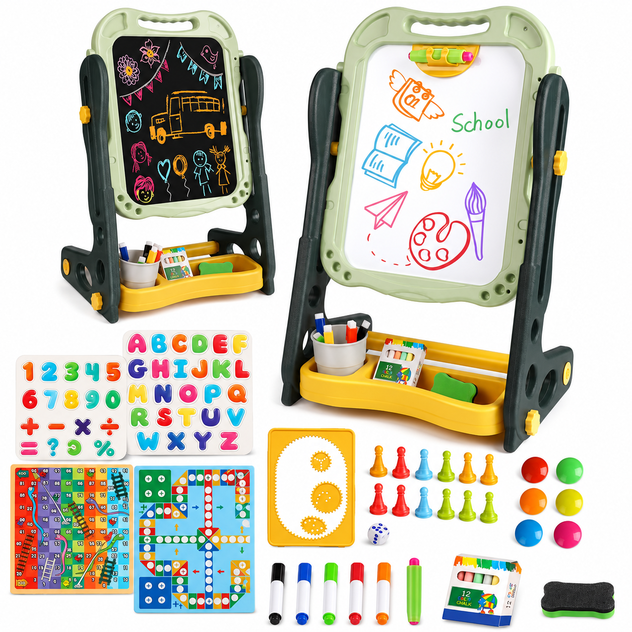 Huge Wave Easel for Toddlers, Double Sided Magnetic Drawing& Learning Board for Girls Boys 2-6 Years, Adjustable Height, Christmas Birthday Gifts for Kids