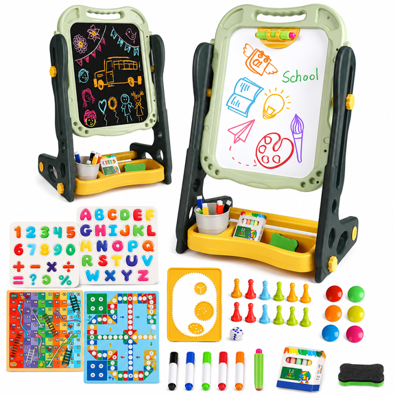 Huge Wave Easel for Toddlers, Double Sided Magnetic Drawing& Learning Board for Girls Boys 2-6 Years, Adjustable Height, Christmas Birthday Gifts for Kids