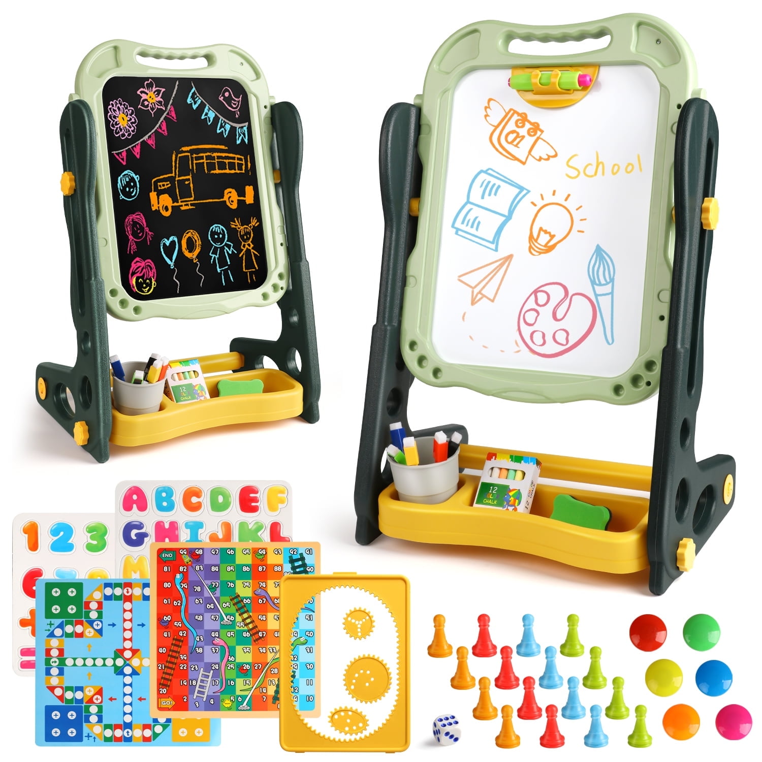 Huge Wave Easel for Kids, Drawing& Learning Board for Toddlers Girls Boys 3-5 Years, Adjustable Height, Blackboard(Chalkboard)& Whiteboard(Magnetic), Christmas Gifts for Girls Boys.(24.4"9.8"14.5")