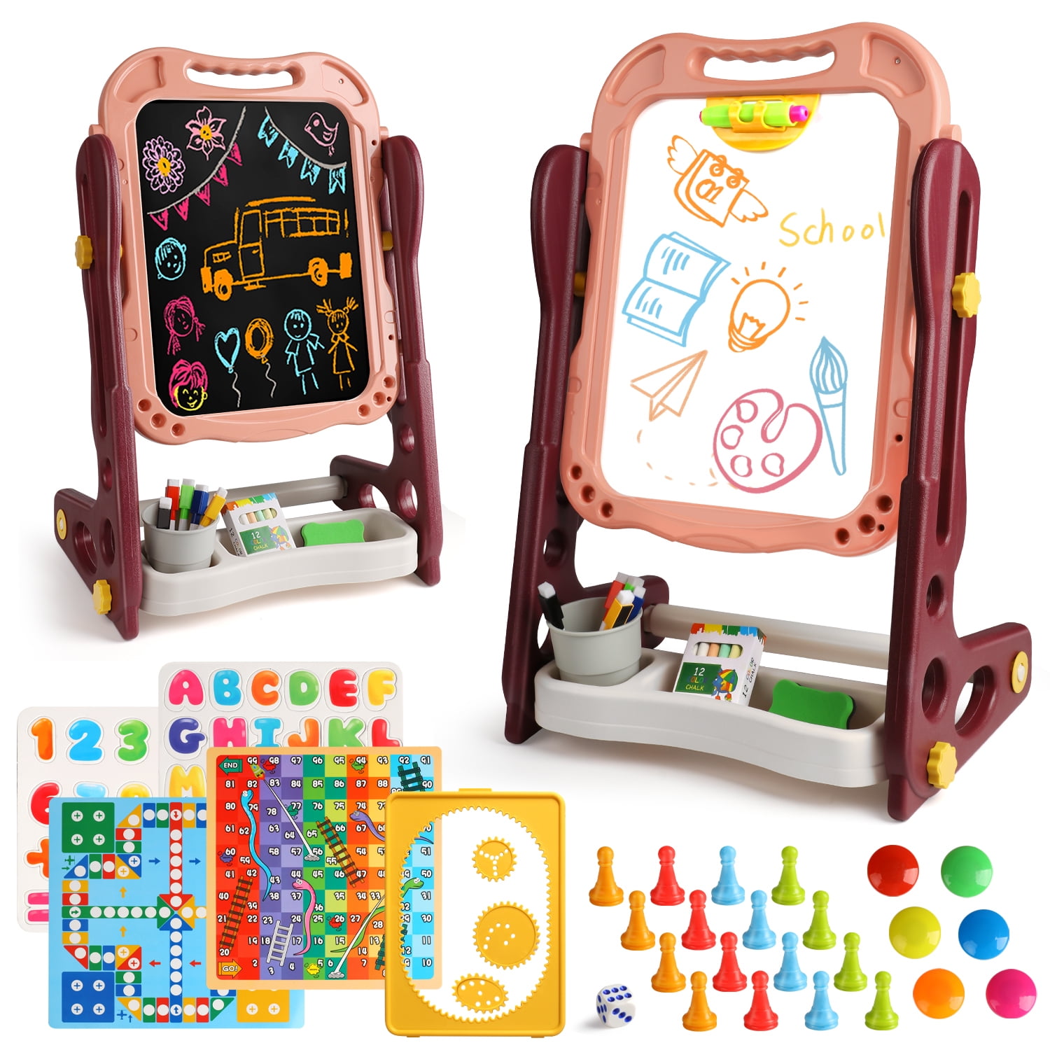 Huge Wave Easel for Kids, Drawing& Learning Board for Toddlers Girls Boys 3-5 Years, Adjustable Height, Blackboard(Chalkboard)& Whiteboard(Magnetic) Christmas Gifts for Girls Boys.(24.4"9.8"14.5")
