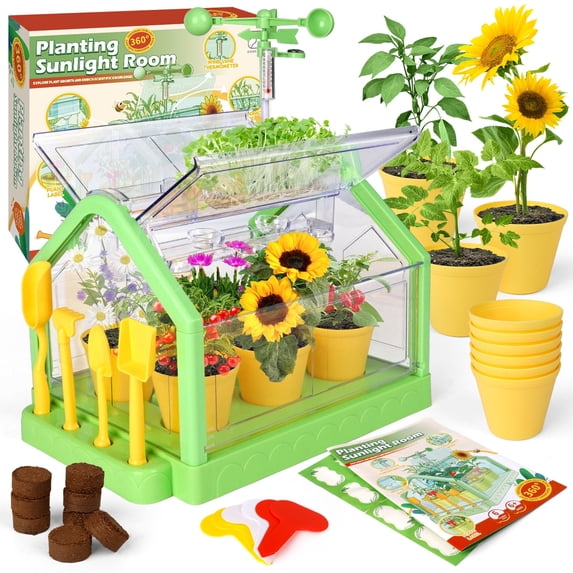 Huge Wave Kids Gardening Plant Growing Set, Greenhouse Flower Terrarium Set, Dual Cultivation Mode, with Wind Vane & Thermometer, Birthday Gift for Boys Girls Aged 4-8
