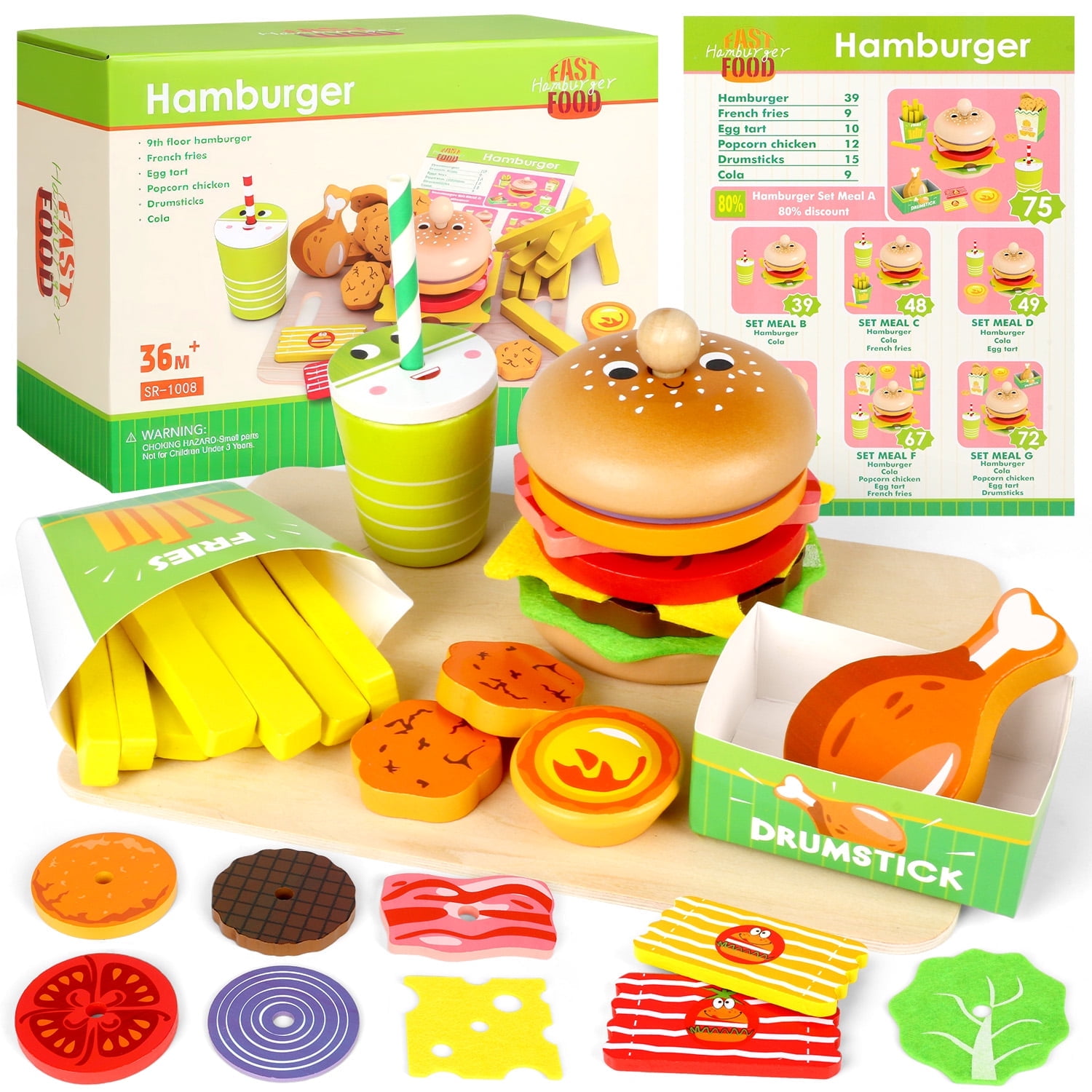 Huge Wave Wooden Pretend Play Food Set for Toddlers, Kids Pretend Hamburger French Fries Toy, Play Kitchen Accessories Toys Gift for Boys Girls 3-6 Year