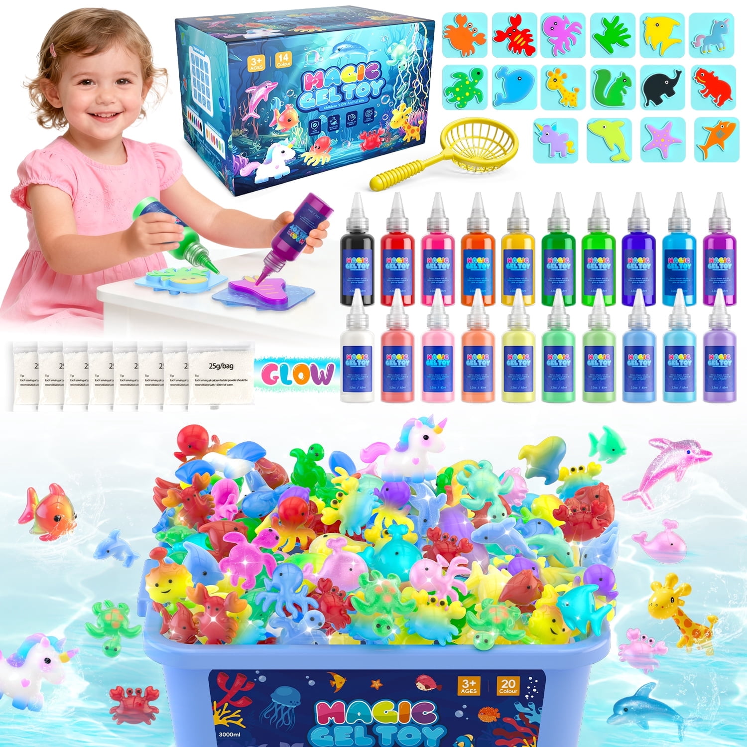 Huge Wave 20 Colors Magic Fairy Water Gel Toy Kit for Kids, Creative Water Gel Kit with 20 Magic Gels & 8 Molds, STEM Birthday Gift for Girls Ages 3-8