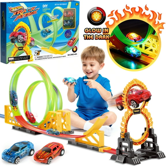 Huge Wave Flexible Race Car Track Sets for Kids, 360° Thrill Loops & 2 Pull-Back Cars, Race Track Toys Birthday Gift for Aged 3-6 Boys Girls